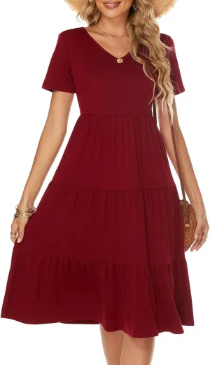 Berydress Women's Casual Summer Tiered Midi Dress 2025 Short Sleeve V-Neck Loose Cotton Ruffle Babydoll Dress Boho Sundress