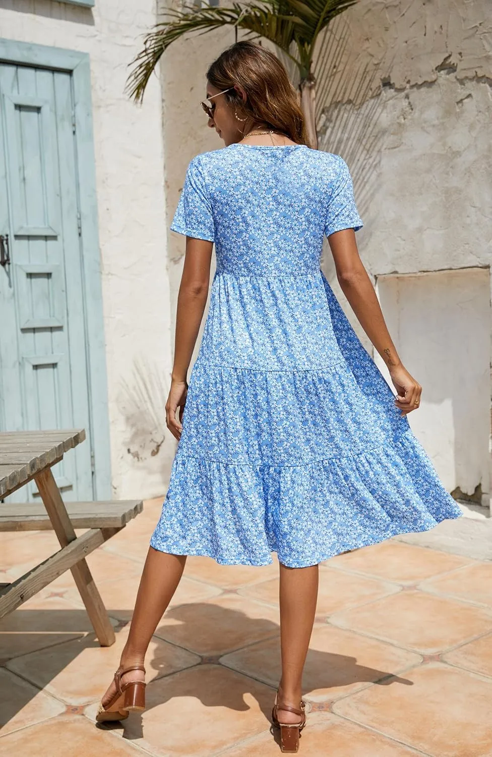 Berydress Women's Casual Summer Tiered Midi Dress 2025 Short Sleeve V-Neck Loose Cotton Ruffle Babydoll Dress Boho Sundress