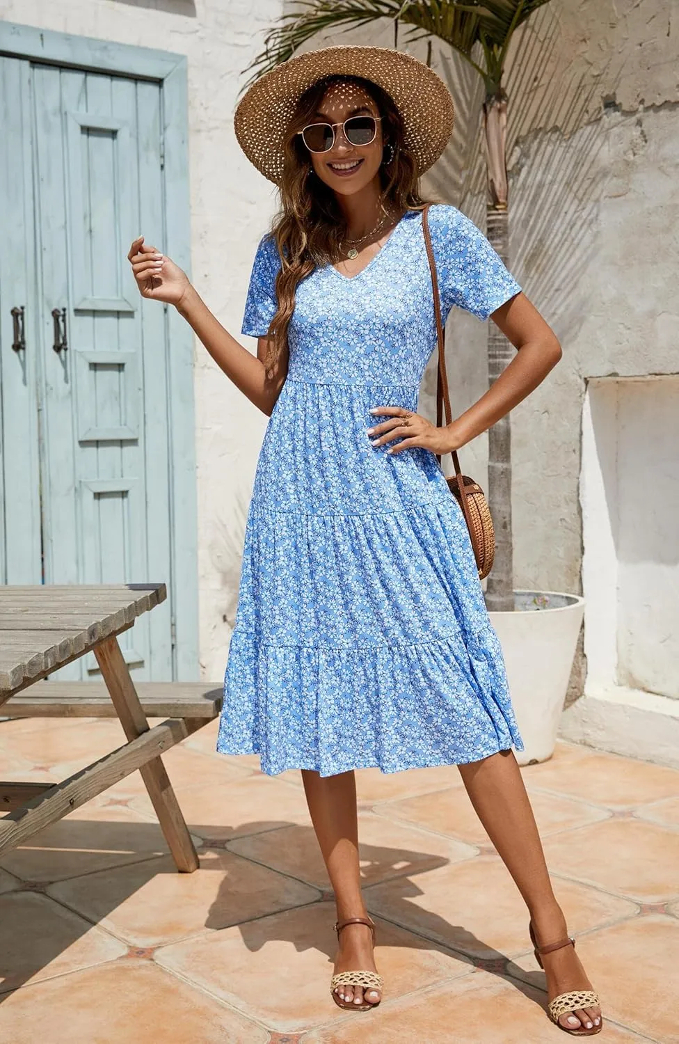 Berydress Women's Casual Summer Tiered Midi Dress 2025 Short Sleeve V-Neck Loose Cotton Ruffle Babydoll Dress Boho Sundress