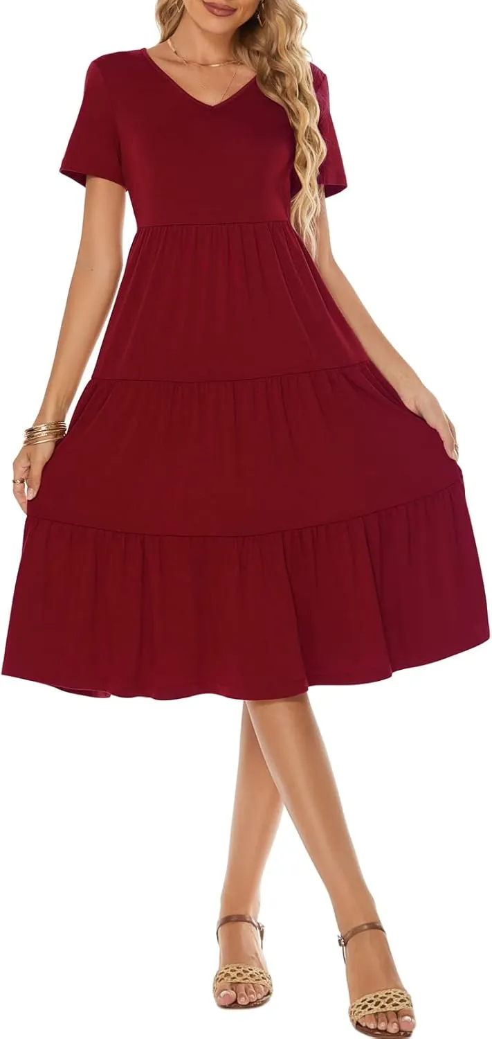 Berydress Women's Casual Summer Tiered Midi Dress 2025 Short Sleeve V-Neck Loose Cotton Ruffle Babydoll Dress Boho Sundress