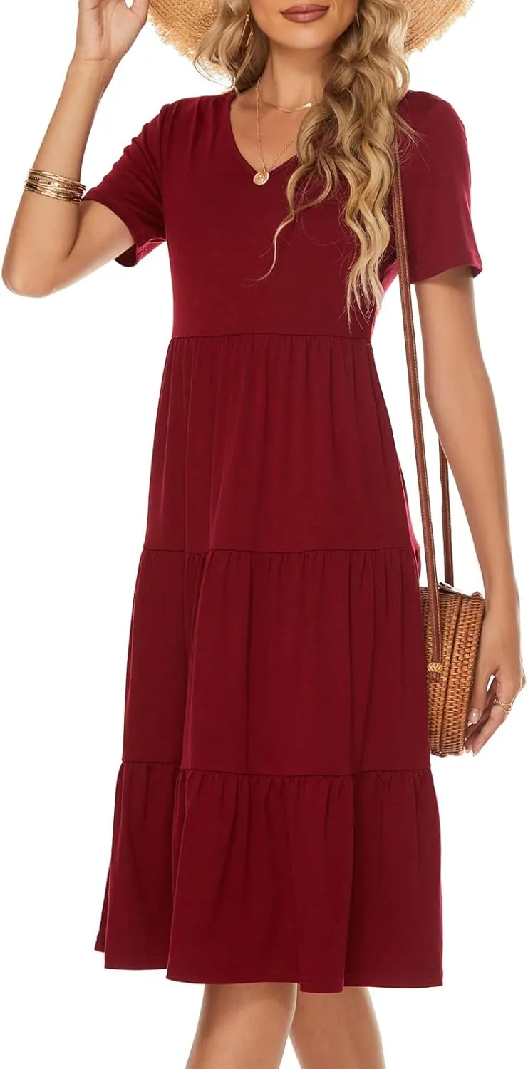 Berydress Women's Casual Summer Tiered Midi Dress 2025 Short Sleeve V-Neck Loose Cotton Ruffle Babydoll Dress Boho Sundress