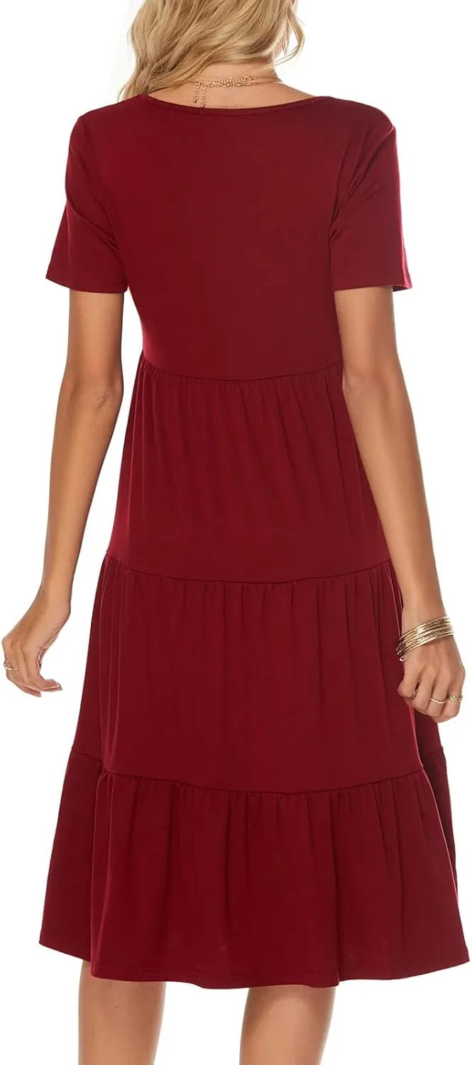 Berydress Women's Casual Summer Tiered Midi Dress 2025 Short Sleeve V-Neck Loose Cotton Ruffle Babydoll Dress Boho Sundress