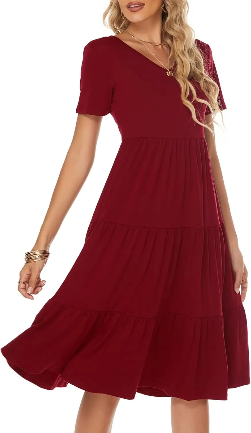 Berydress Women's Casual Summer Tiered Midi Dress 2025 Short Sleeve V-Neck Loose Cotton Ruffle Babydoll Dress Boho Sundress