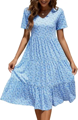 Berydress Women's Casual Summer Tiered Midi Dress 2025 Short Sleeve V-Neck Loose Cotton Ruffle Babydoll Dress Boho Sundress