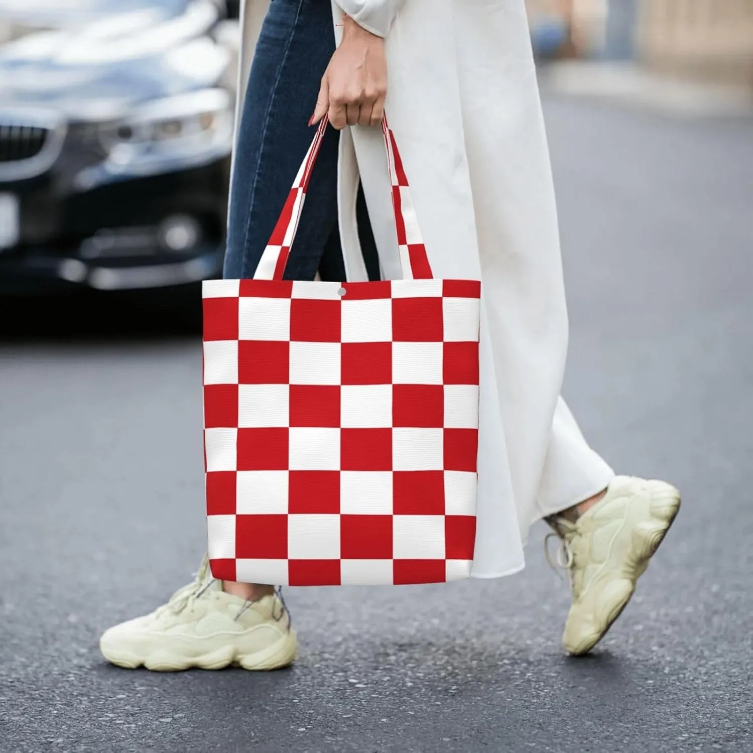 Black and White Race Checkered Flag Canvas Totes Bag Shoulder Bags Shopping Crossbody Work Bag 13.8 X 15.4 inch