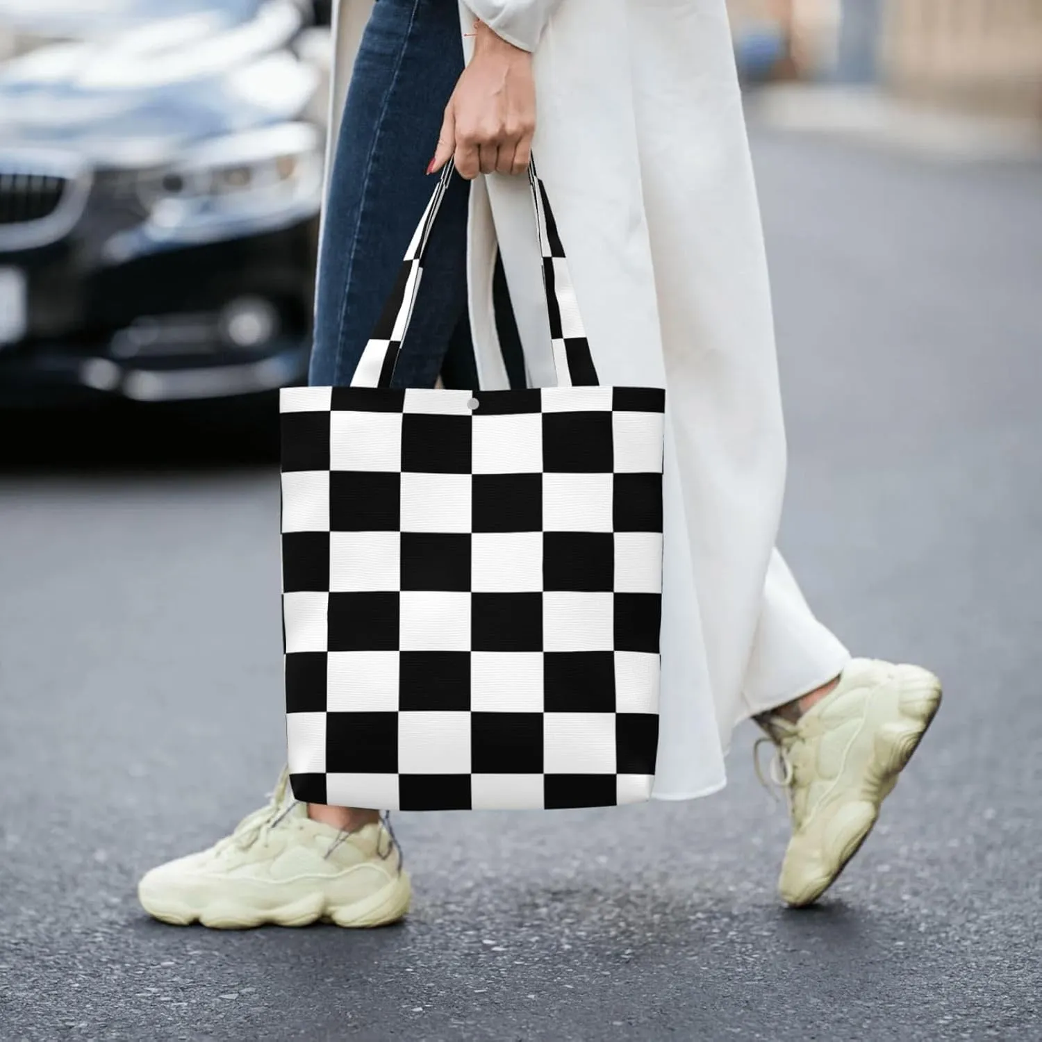 Black and White Race Checkered Flag Canvas Totes Bag Shoulder Bags Shopping Crossbody Work Bag 13.8 X 15.4 inch
