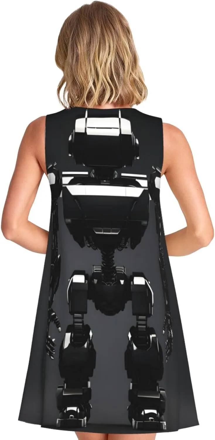 Black Robot Print Summer Sleeveless Dress Beach Sundress Women's High Waist A-Line Midi Tank Dresses