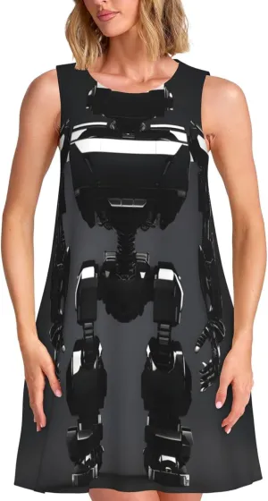 Black Robot Print Summer Sleeveless Dress Beach Sundress Women's High Waist A-Line Midi Tank Dresses