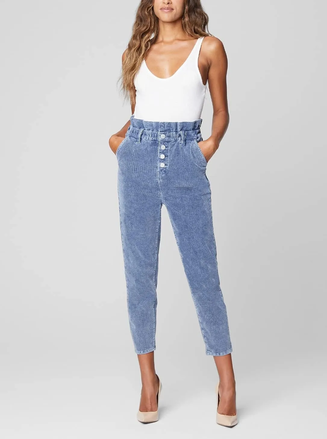 [BLANKNYC] Womens Womens Corduroy Paper Bag Pant with Expoxed Button Fly Detail, Comfortable & Casual Trousers