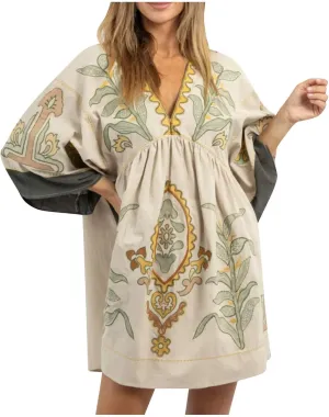 Boho Dresses for Women 2024 Fashion 3/4 Sleeve V Neck Bohemian Dress Causal Floral Print Pleated Oversized Mini Dress