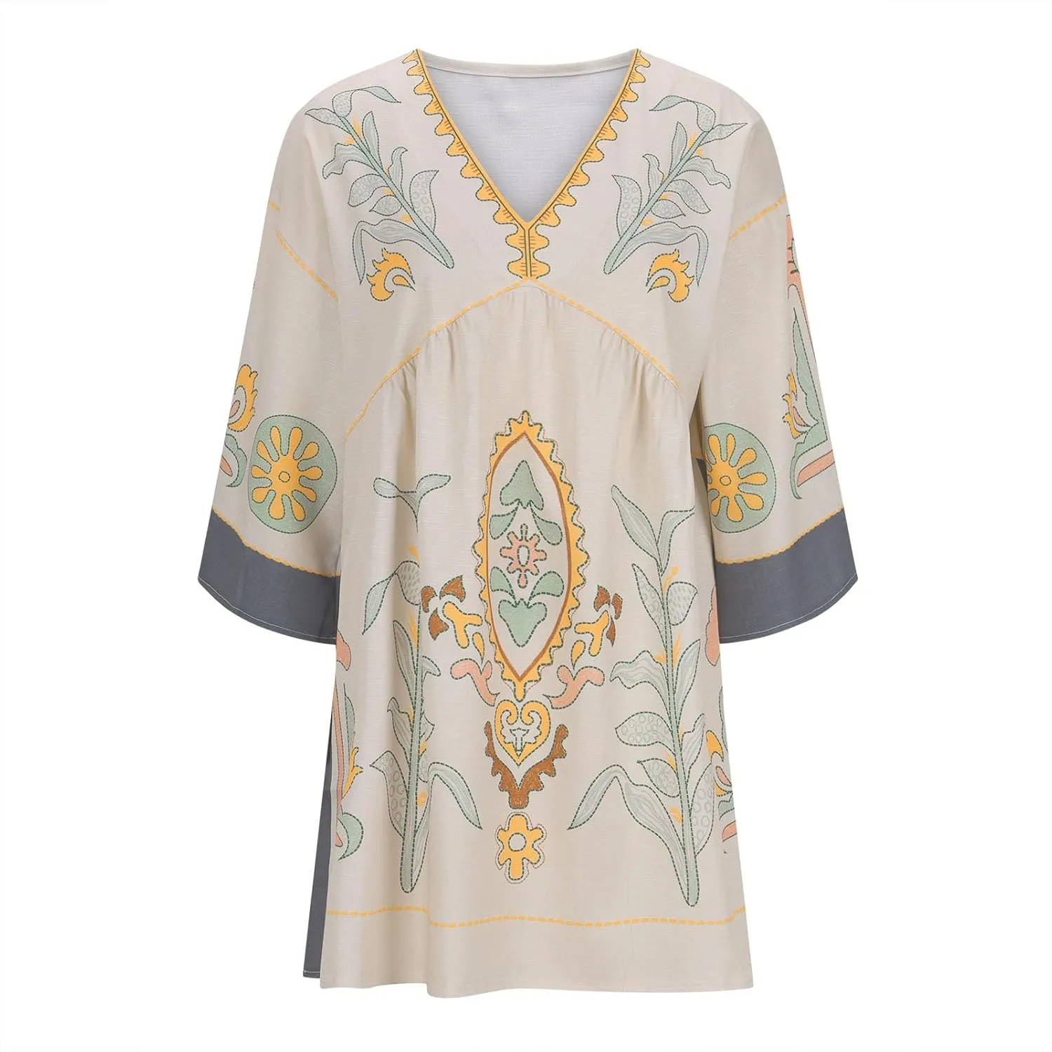 Boho Dresses for Women 2024 Fashion 3/4 Sleeve V Neck Bohemian Dress Causal Floral Print Pleated Oversized Mini Dress