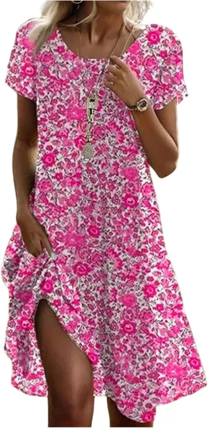 Boho Dresses for Women 2025 Summer Beach Vacation Floral Dress Flowy Elegant Short Sleeve Crewneck Sundresses