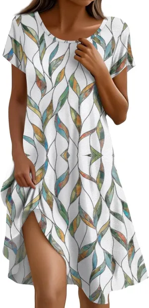 Boho Dresses for Women 2025 Summer Beach Vacation Floral Dress Flowy Elegant Short Sleeve Crewneck Sundresses