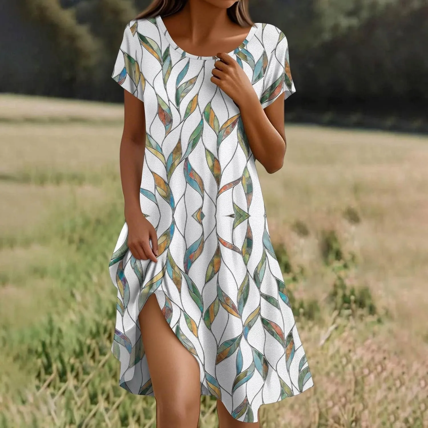 Boho Dresses for Women 2025 Summer Beach Vacation Floral Dress Flowy Elegant Short Sleeve Crewneck Sundresses