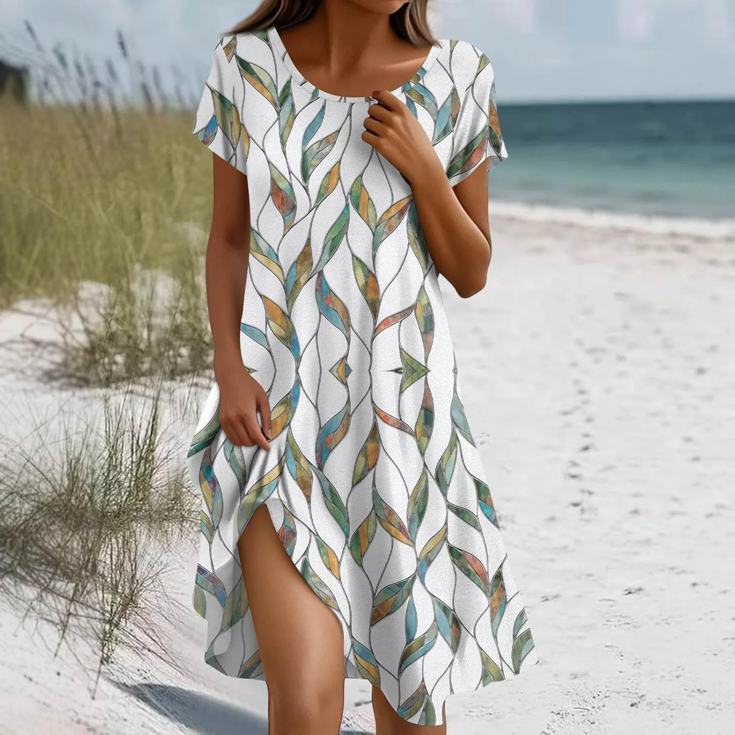 Boho Dresses for Women 2025 Summer Beach Vacation Floral Dress Flowy Elegant Short Sleeve Crewneck Sundresses