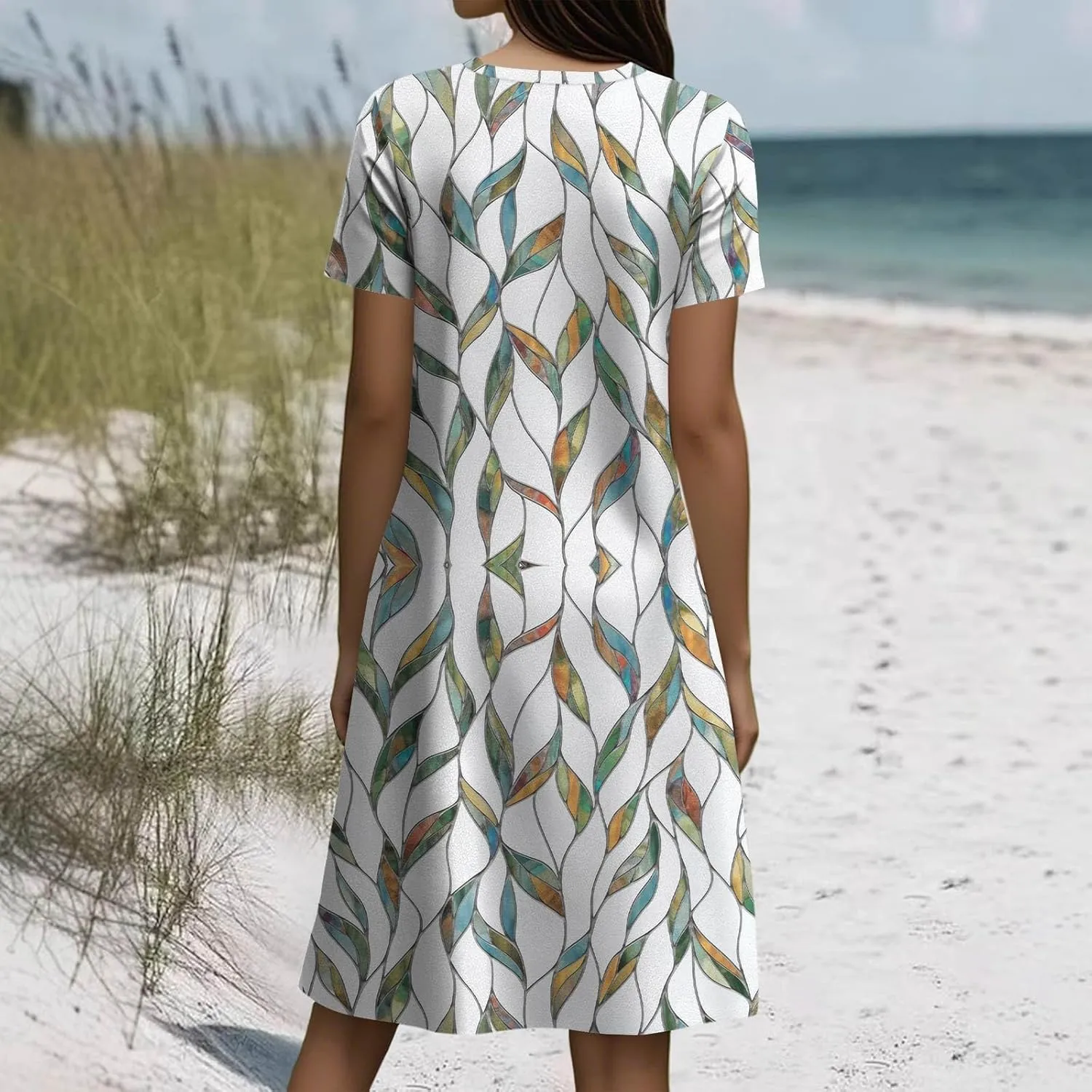 Boho Dresses for Women 2025 Summer Beach Vacation Floral Dress Flowy Elegant Short Sleeve Crewneck Sundresses