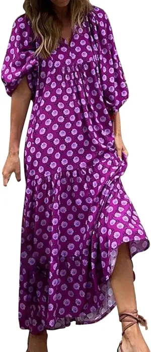 Boho Maxi Dresses for Women 2025 Summer Casual Loose Fit Long Beach Dress Half Sleeve V Neck Flowy Tiered Sundresses