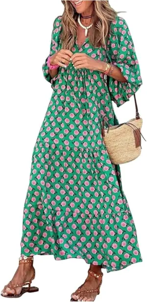 Boho Maxi Dresses for Women 2025 Summer Casual Loose Fit Long Beach Dress Half Sleeve V Neck Flowy Tiered Sundresses