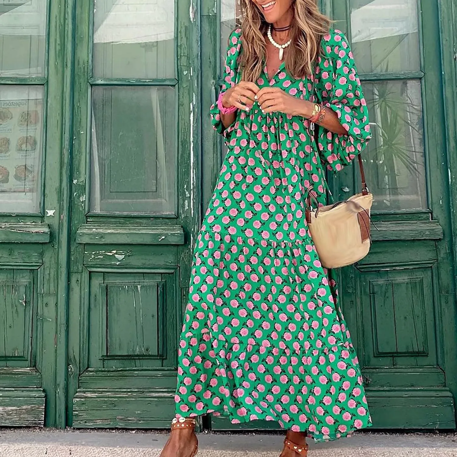 Boho Maxi Dresses for Women 2025 Summer Casual Loose Fit Long Beach Dress Half Sleeve V Neck Flowy Tiered Sundresses