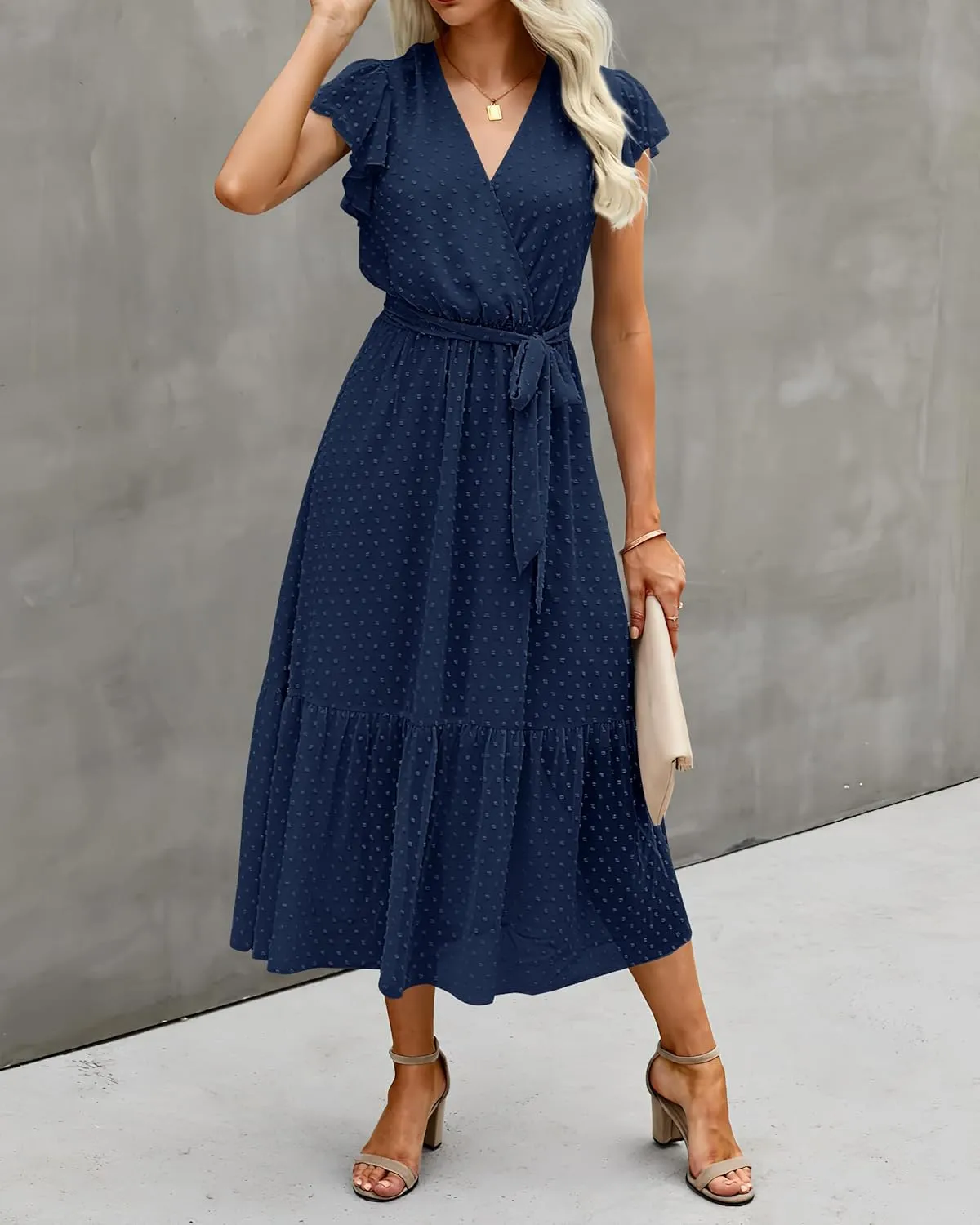 BTFBM Women Summer Bohemian Floral Casual Wrap V Neck Ruffle Cap Sleeveless Belt A-Line Pleated Hem Midi Sun Dress White