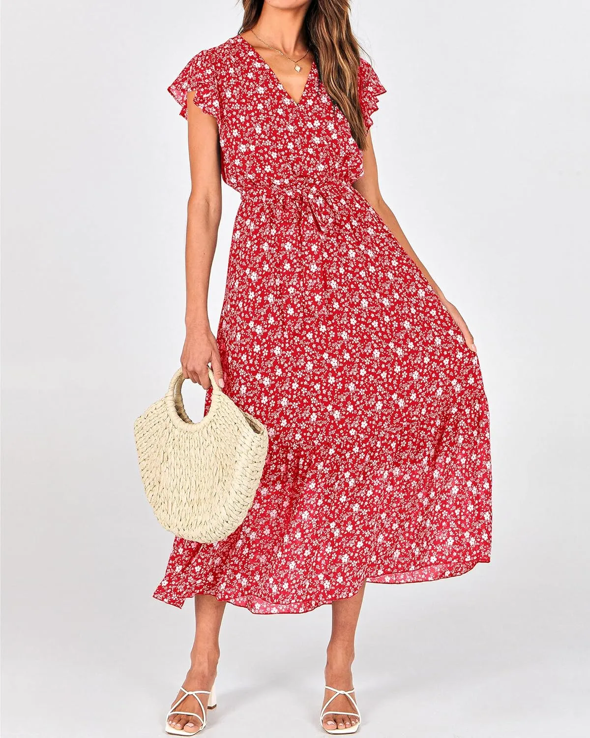 BTFBM Women Summer Bohemian Floral Casual Wrap V Neck Ruffle Cap Sleeveless Belt A-Line Pleated Hem Midi Sun Dress White