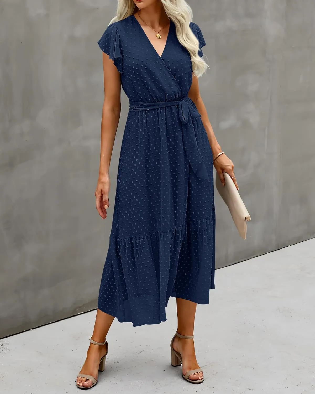 BTFBM Women Summer Bohemian Floral Casual Wrap V Neck Ruffle Cap Sleeveless Belt A-Line Pleated Hem Midi Sun Dress White