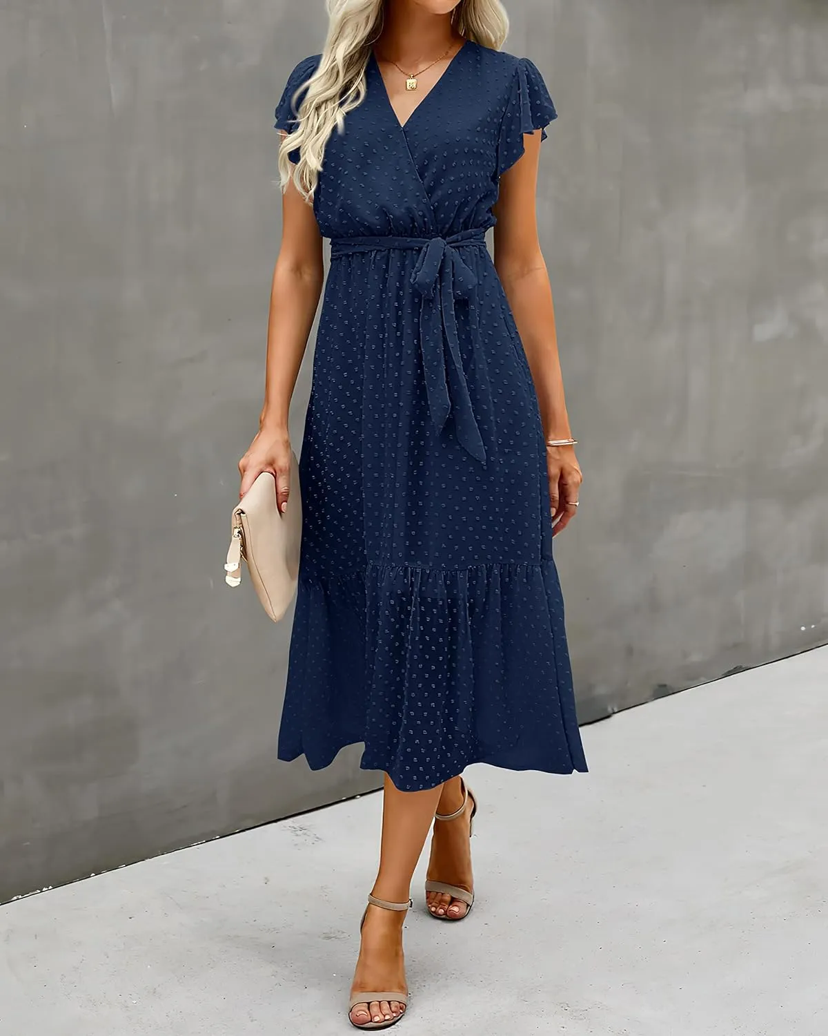 BTFBM Women Summer Bohemian Floral Casual Wrap V Neck Ruffle Cap Sleeveless Belt A-Line Pleated Hem Midi Sun Dress White