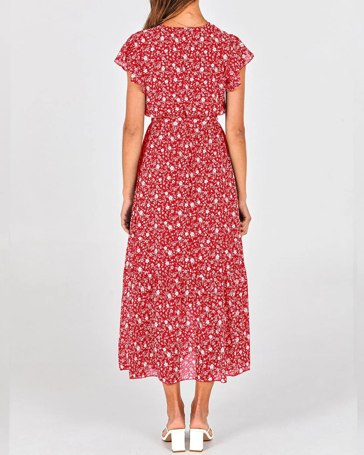 BTFBM Women Summer Bohemian Floral Casual Wrap V Neck Ruffle Cap Sleeveless Belt A-Line Pleated Hem Midi Sun Dress White
