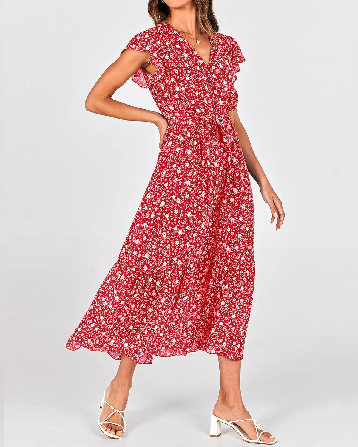 BTFBM Women Summer Bohemian Floral Casual Wrap V Neck Ruffle Cap Sleeveless Belt A-Line Pleated Hem Midi Sun Dress White