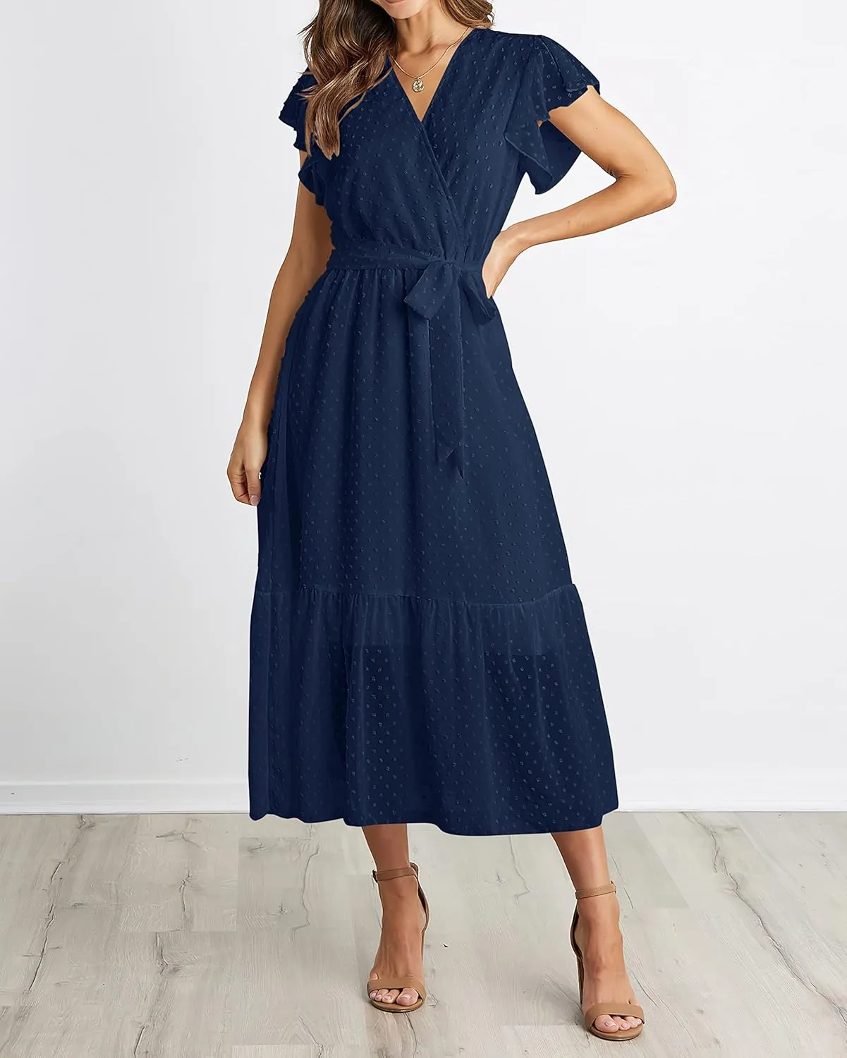 BTFBM Women Summer Bohemian Floral Casual Wrap V Neck Ruffle Cap Sleeveless Belt A-Line Pleated Hem Midi Sun Dress White