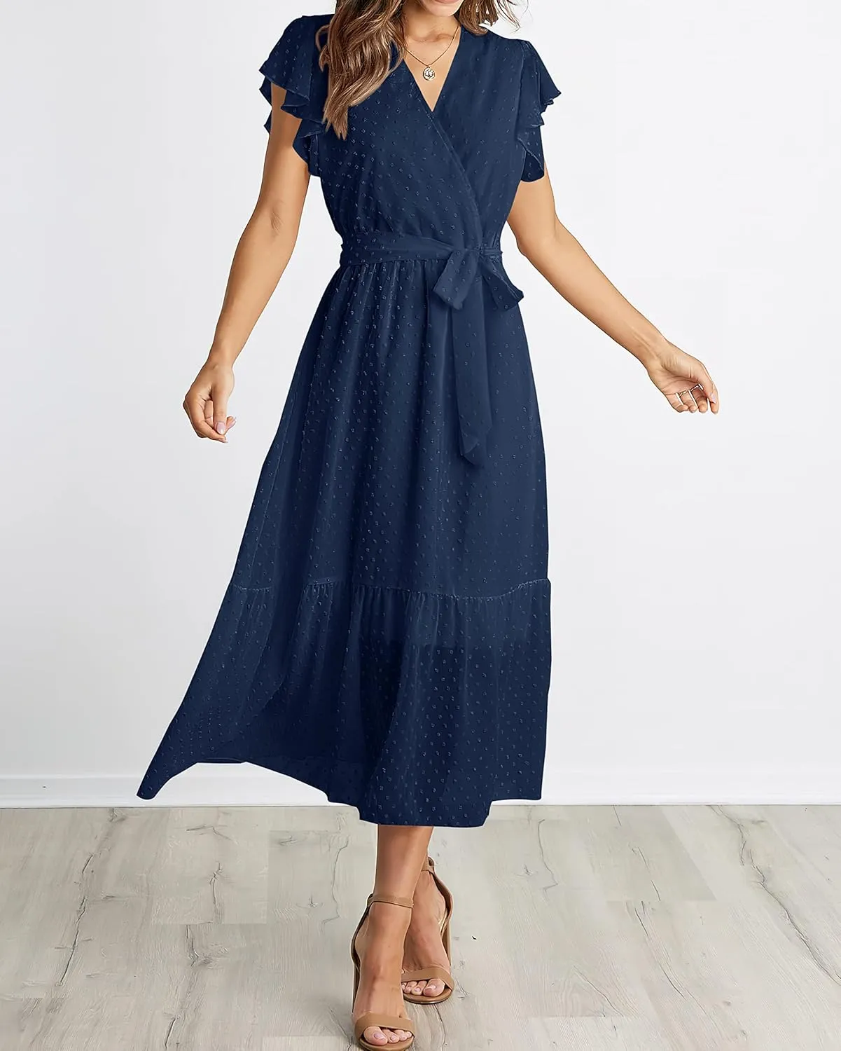 BTFBM Women Summer Bohemian Floral Casual Wrap V Neck Ruffle Cap Sleeveless Belt A-Line Pleated Hem Midi Sun Dress White