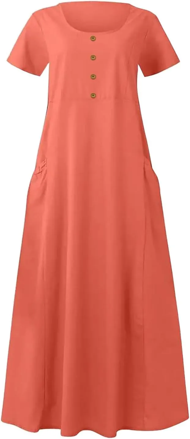 Casual Summer Dresses for Women Short Sleeve Cotton Linen Dress Plus Size Maxi Long Dress Flowy Sun Dress with Pockets