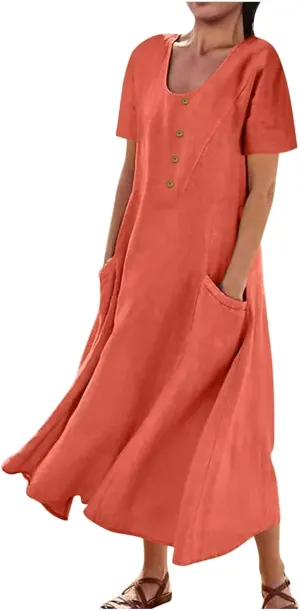 Casual Summer Dresses for Women Short Sleeve Cotton Linen Dress Plus Size Maxi Long Dress Flowy Sun Dress with Pockets