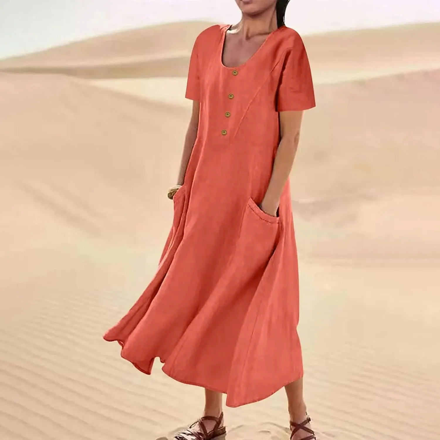 Casual Summer Dresses for Women Short Sleeve Cotton Linen Dress Plus Size Maxi Long Dress Flowy Sun Dress with Pockets