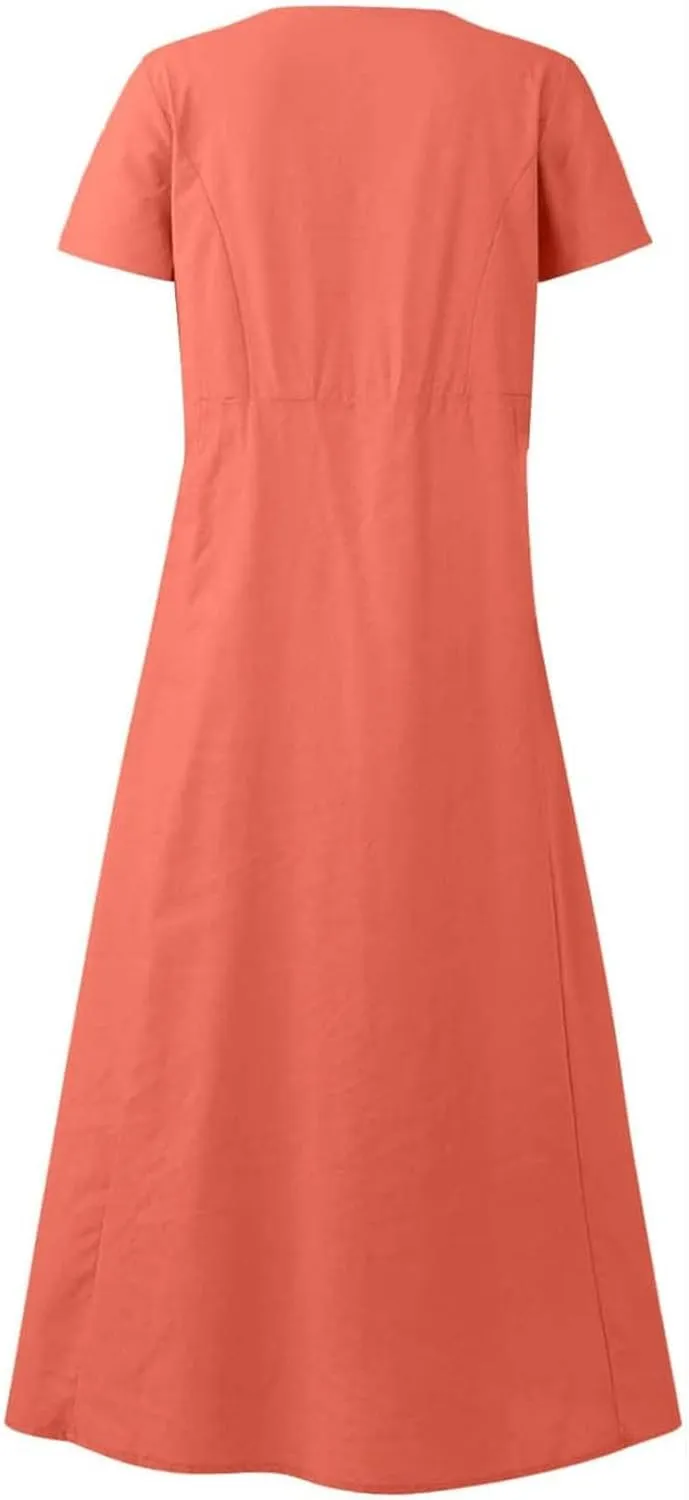 Casual Summer Dresses for Women Short Sleeve Cotton Linen Dress Plus Size Maxi Long Dress Flowy Sun Dress with Pockets