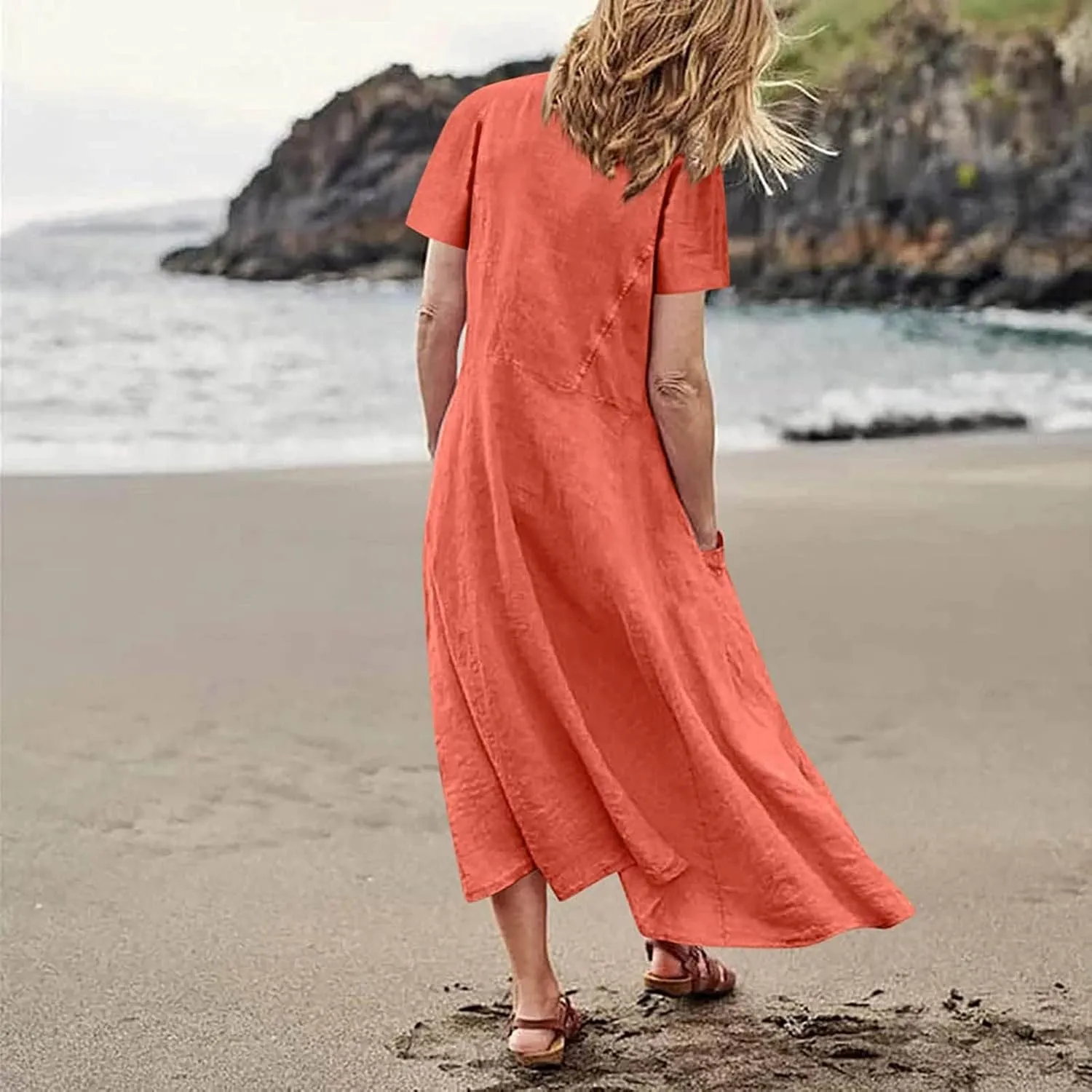 Casual Summer Dresses for Women Short Sleeve Cotton Linen Dress Plus Size Maxi Long Dress Flowy Sun Dress with Pockets