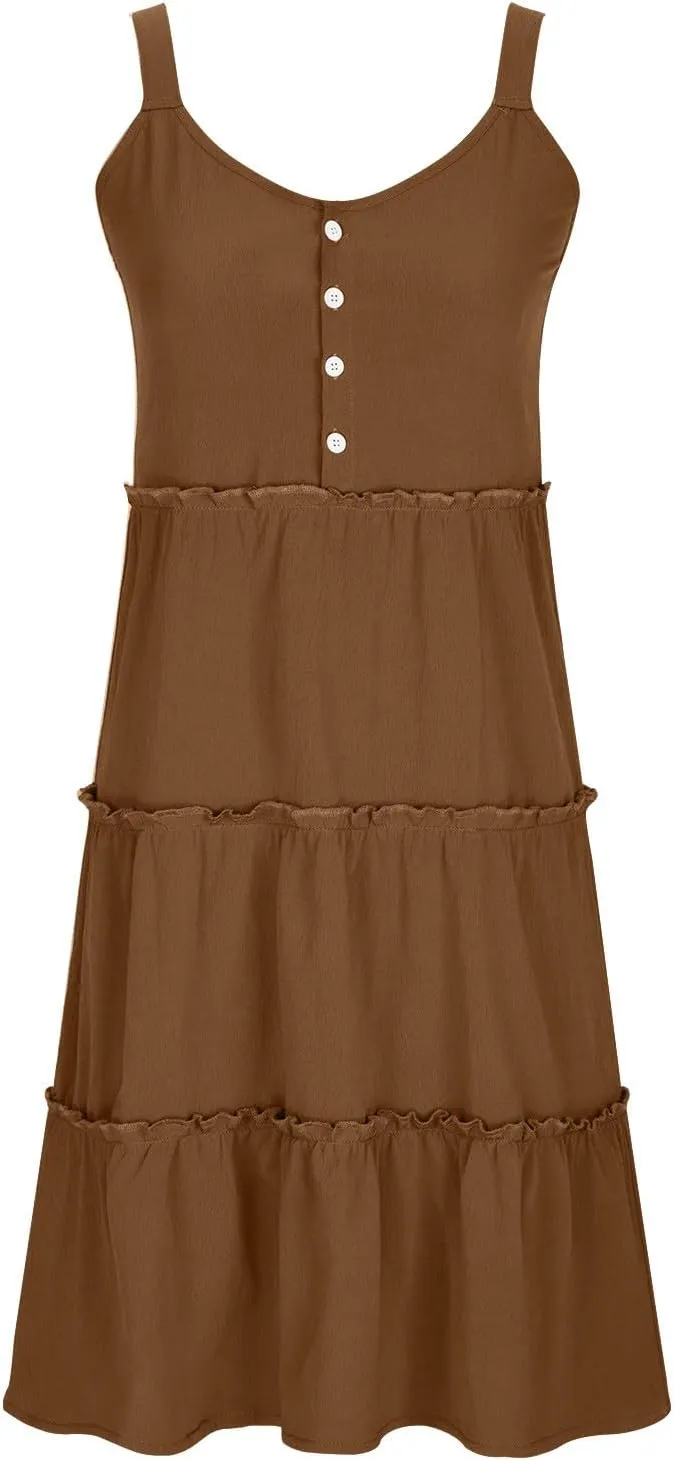 Casual Sundresses for Women Sleeveless Tank Dress Button Down Mocked Elastic Waist Ruffle Tiered Casual Swing Mini Dress
