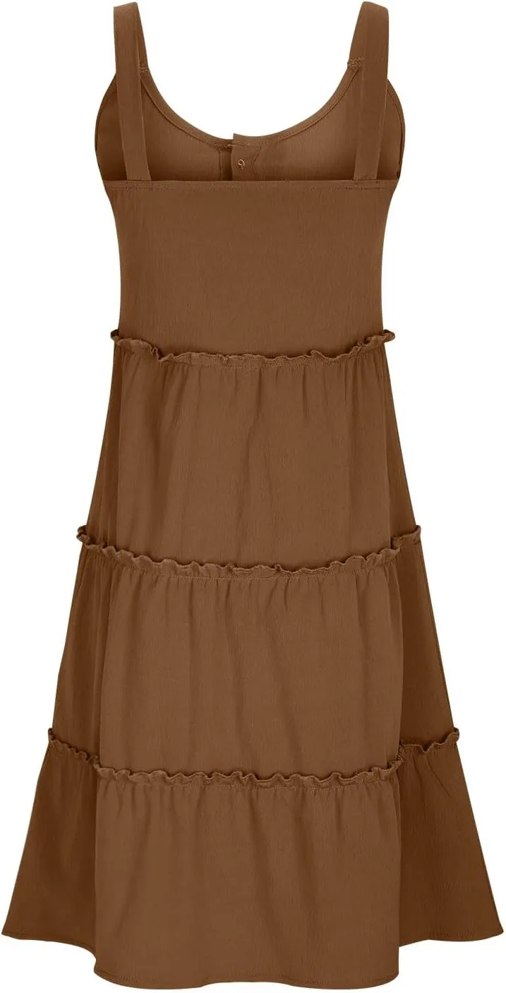 Casual Sundresses for Women Sleeveless Tank Dress Button Down Mocked Elastic Waist Ruffle Tiered Casual Swing Mini Dress