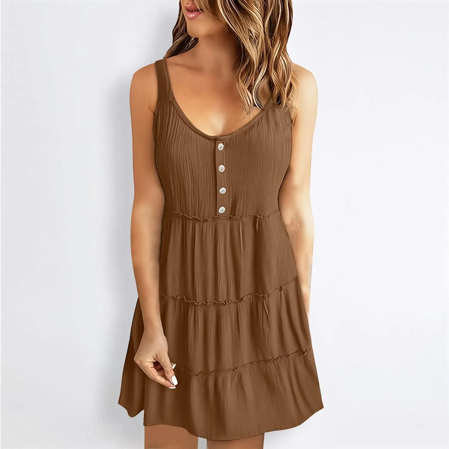 Casual Sundresses for Women Sleeveless Tank Dress Button Down Mocked Elastic Waist Ruffle Tiered Casual Swing Mini Dress