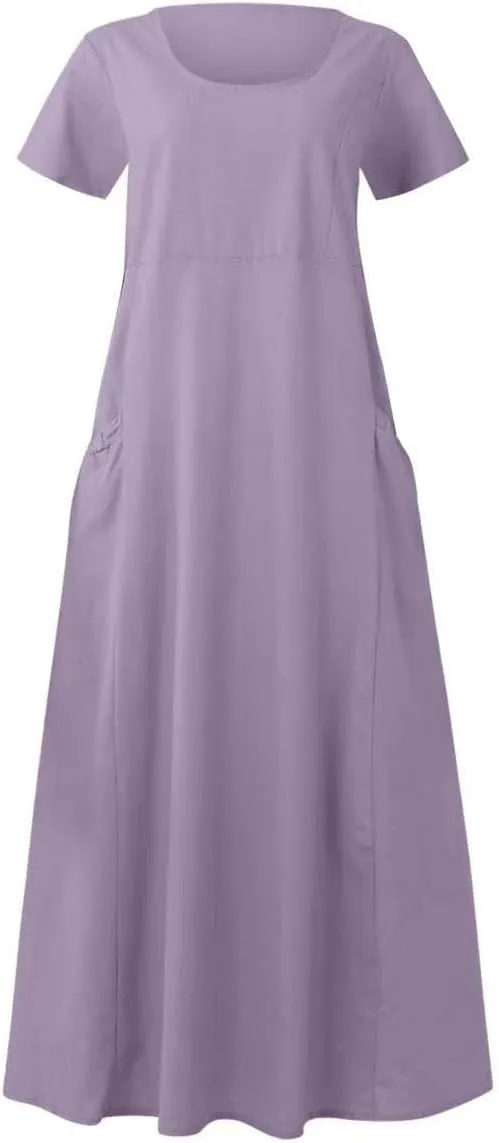 Ceboyel Women 2023 Summer Linen Dress Flowy Short Sleeve Sundress Causal Summer Sun Dress Trendy Beach Maxi Long Dresses