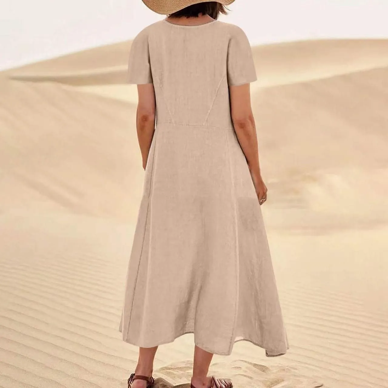 Ceboyel Women 2023 Summer Linen Dress Flowy Short Sleeve Sundress Causal Summer Sun Dress Trendy Beach Maxi Long Dresses