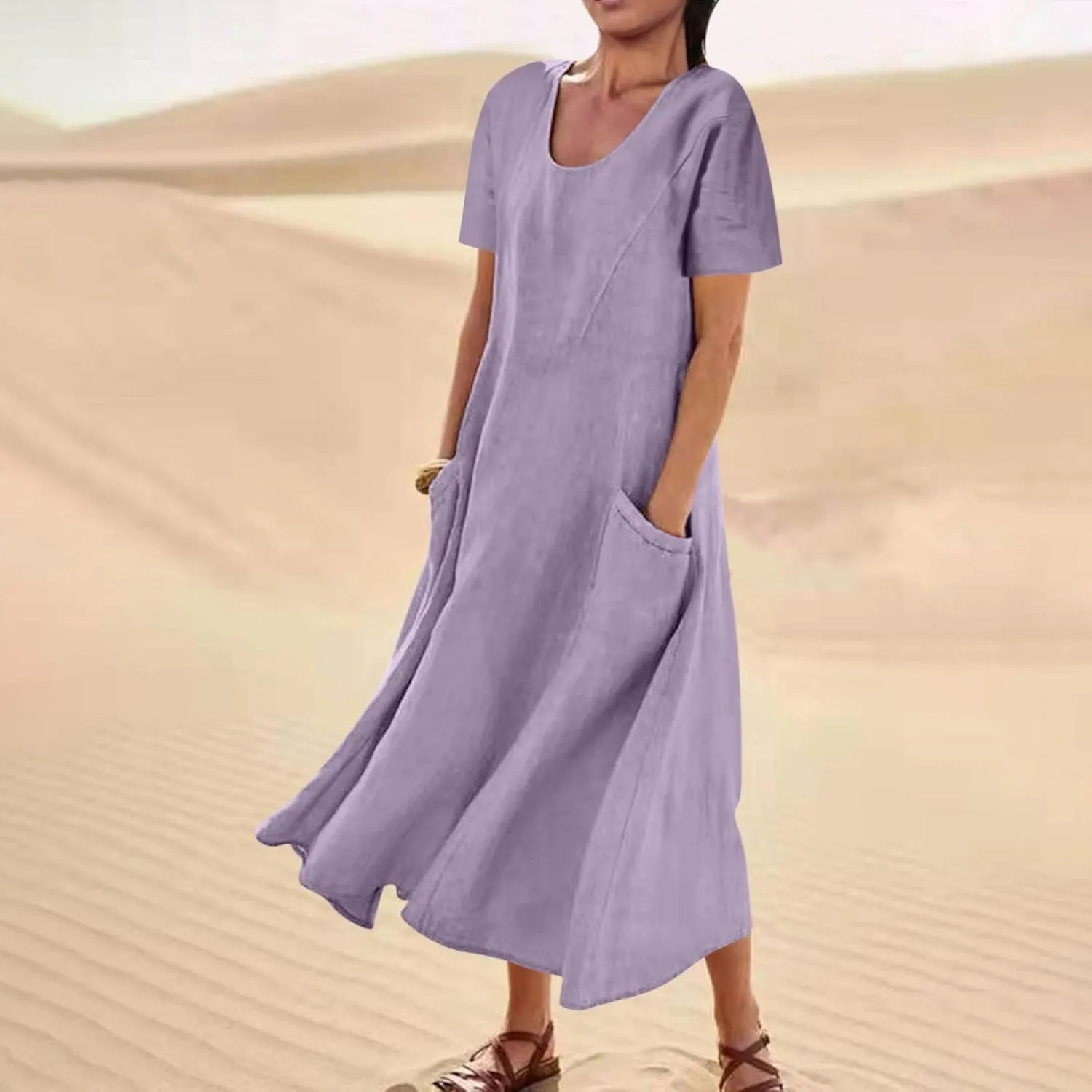 Ceboyel Women 2023 Summer Linen Dress Flowy Short Sleeve Sundress Causal Summer Sun Dress Trendy Beach Maxi Long Dresses