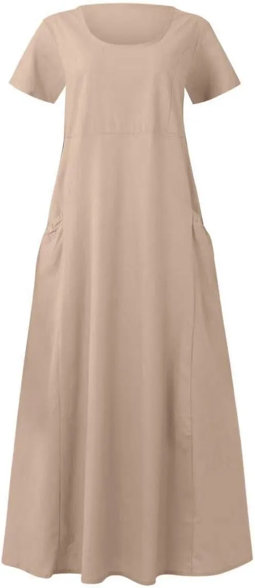 Ceboyel Women 2023 Summer Linen Dress Flowy Short Sleeve Sundress Causal Summer Sun Dress Trendy Beach Maxi Long Dresses