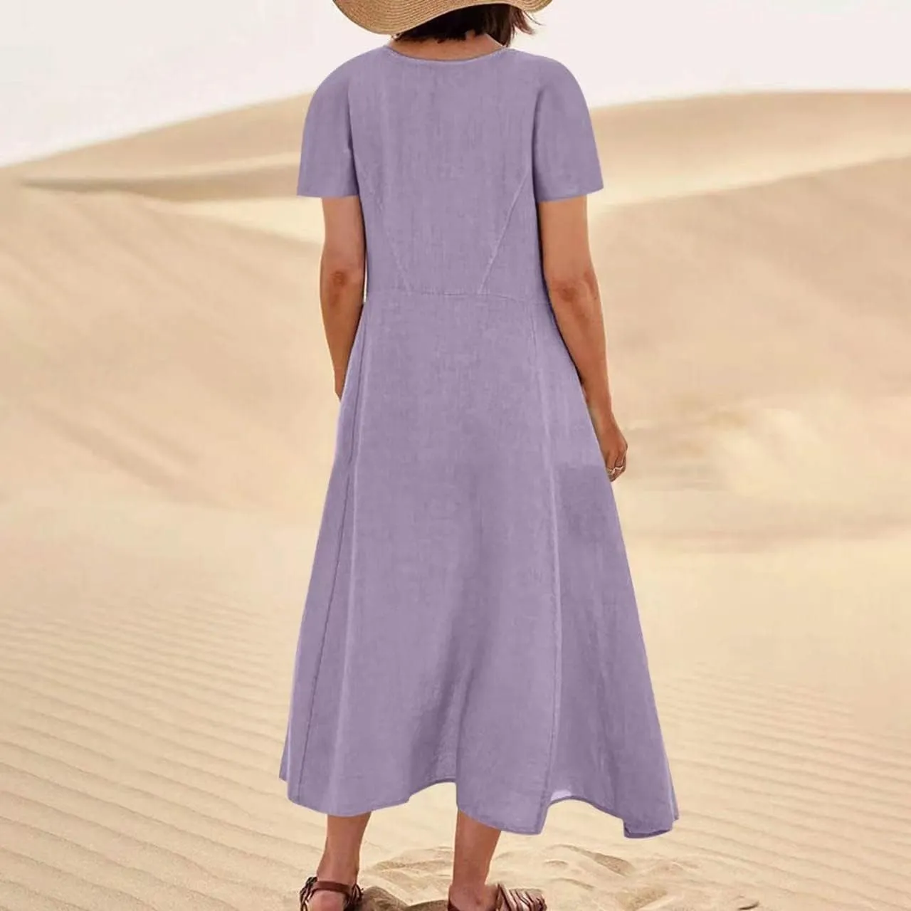 Ceboyel Women 2023 Summer Linen Dress Flowy Short Sleeve Sundress Causal Summer Sun Dress Trendy Beach Maxi Long Dresses