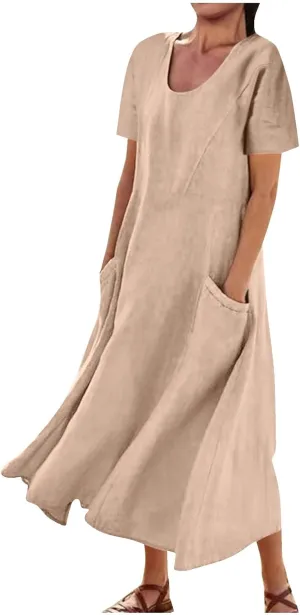 Ceboyel Women 2023 Summer Linen Dress Flowy Short Sleeve Sundress Causal Summer Sun Dress Trendy Beach Maxi Long Dresses