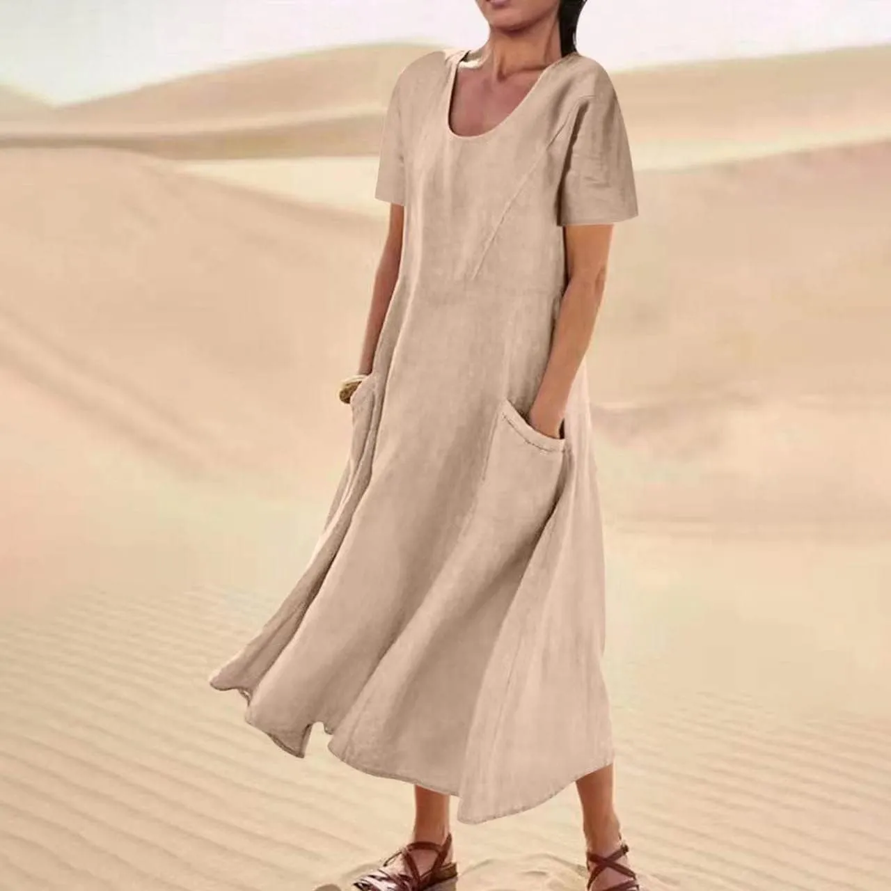 Ceboyel Women 2023 Summer Linen Dress Flowy Short Sleeve Sundress Causal Summer Sun Dress Trendy Beach Maxi Long Dresses