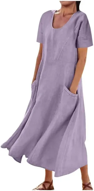 Ceboyel Women 2023 Summer Linen Dress Flowy Short Sleeve Sundress Causal Summer Sun Dress Trendy Beach Maxi Long Dresses