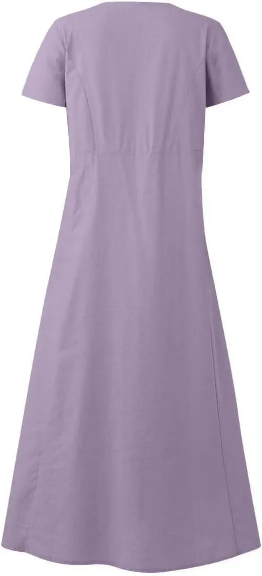 Ceboyel Women 2023 Summer Linen Dress Flowy Short Sleeve Sundress Causal Summer Sun Dress Trendy Beach Maxi Long Dresses