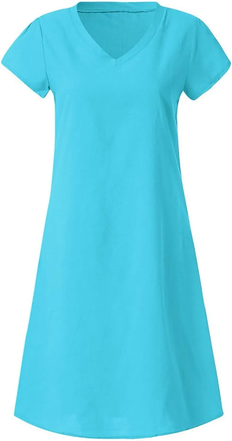 Ceboyel Women Cotton Linen Short Dress Summer Shirt Dress V Neck Short Sleeve Beach Dresses Boho Ladies Clothing 2023