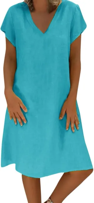 Ceboyel Women Cotton Linen Short Dress Summer Shirt Dress V Neck Short Sleeve Beach Dresses Boho Ladies Clothing 2023